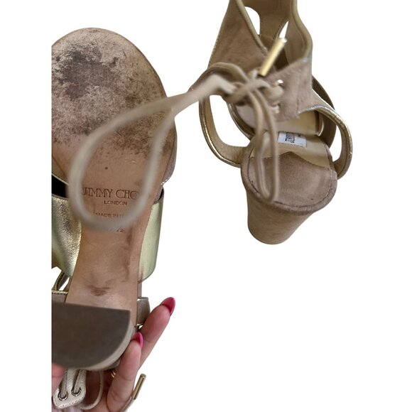 JIMMY CHOO Moira Tan Suede Ankle Tie Sandals Heels Size 37.5 - Picture 8 of 9